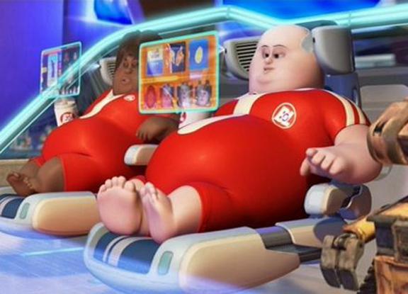 two humans from the movie wall-e sit in a comfortable chair and enjoy their favorite screen-based activities.